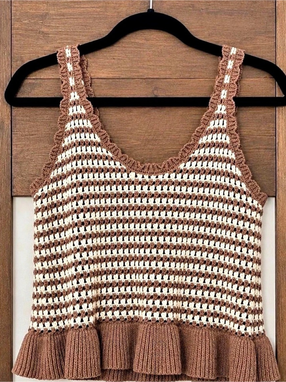 Striped Knit Ruffle Hem Tank Top in Brown & Cream